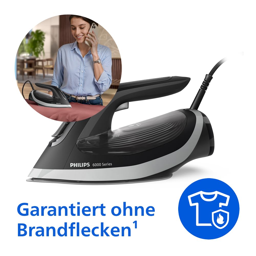 Philips 6000 Series steam iron - guaranteed without burn marks thanks to OptimalTEMP, 190g steam boost, 45g continuous steam, SteamGlide Plus soleplate, drip stop, automatic switch-off (DST6120/80)