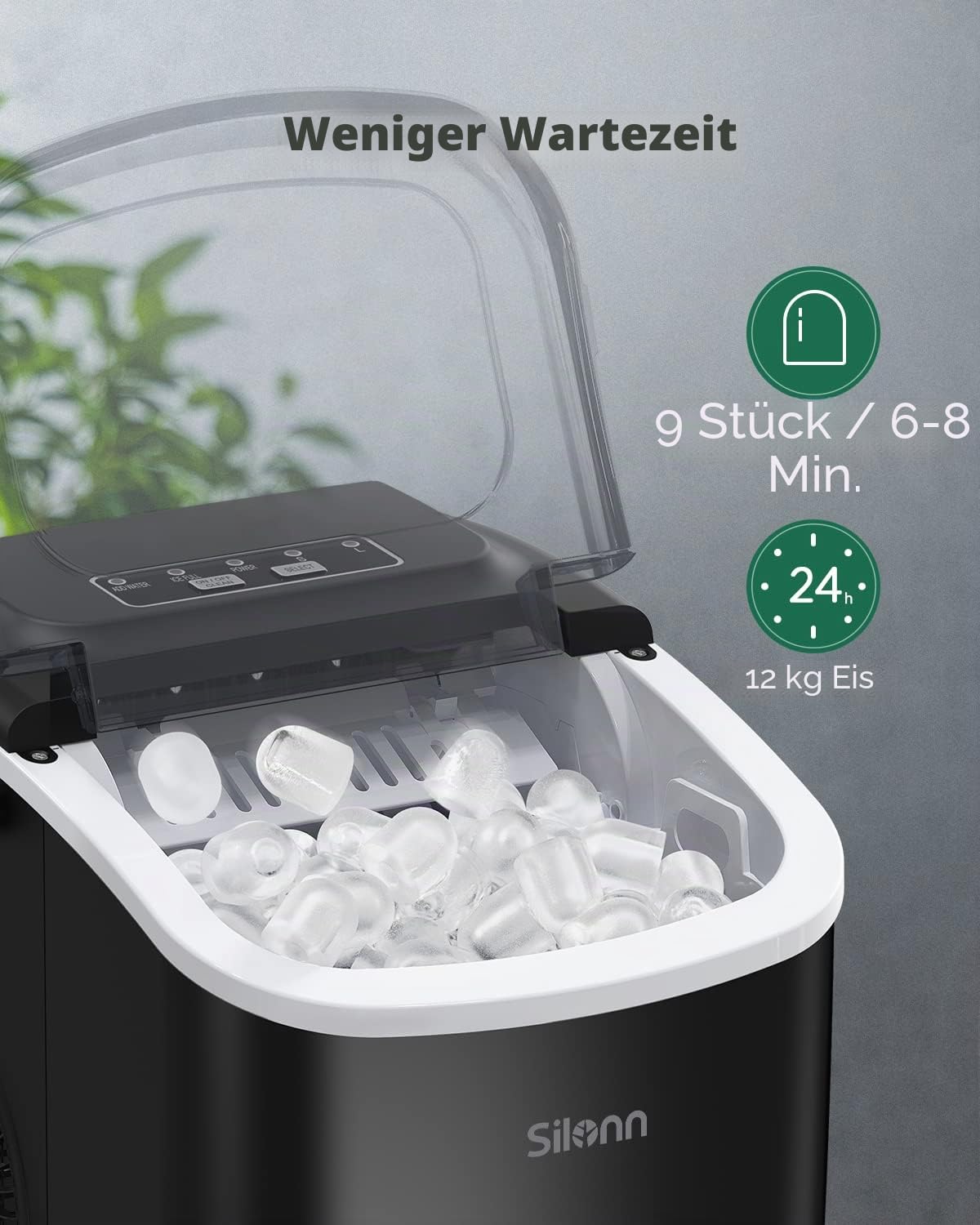 Silonn ice cube machine, ice cube maker 9 cubes ready in 6 minutes, 12 kg in 24 hours, self-cleaning small ice cube machine, 2 ice cube sizes for kitchen, office, bar and party, black - SLIM09B-4