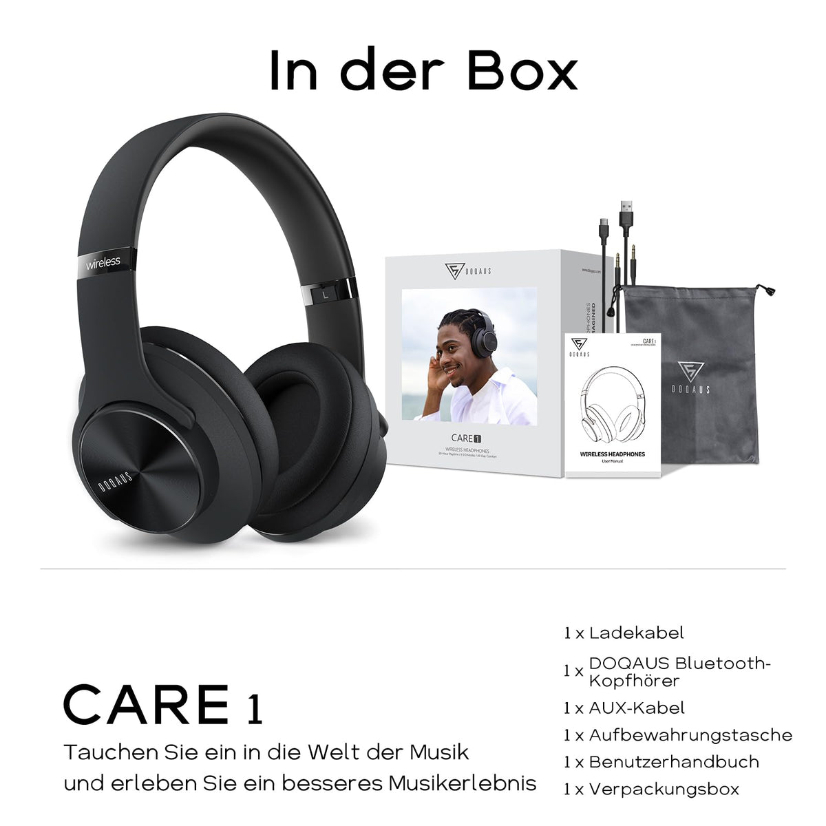 DOQAUS Wireless Bluetooth Headphones with App Control, Black - Care