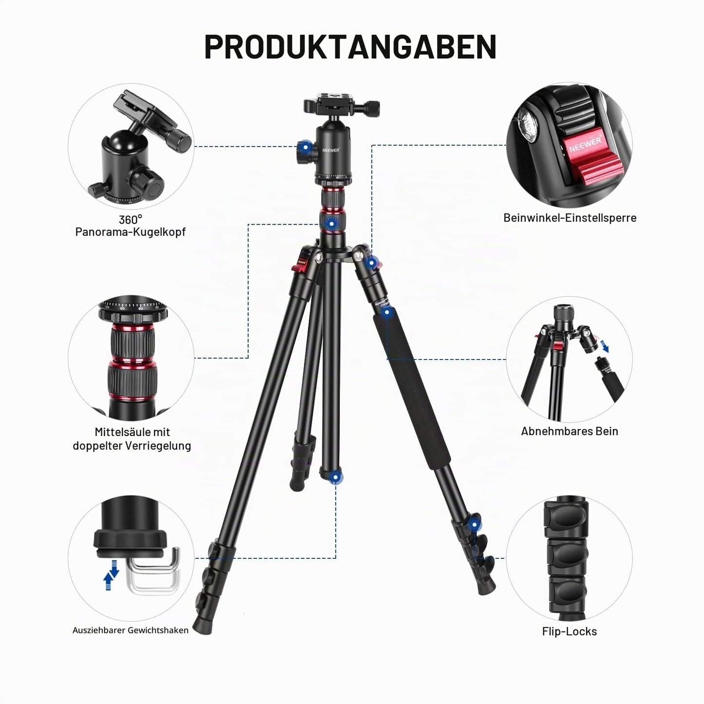 NEEWER 195.6cm Camera Tripod Monopod with Cell Phone Holder, Portable Travel Tripod with Remote Control 360° Ball Head 2 Axis Center Column, Arca QR Plate, Bag, Aluminum DSLR Tripod, Max 15.4kg, TP77 - 10104153