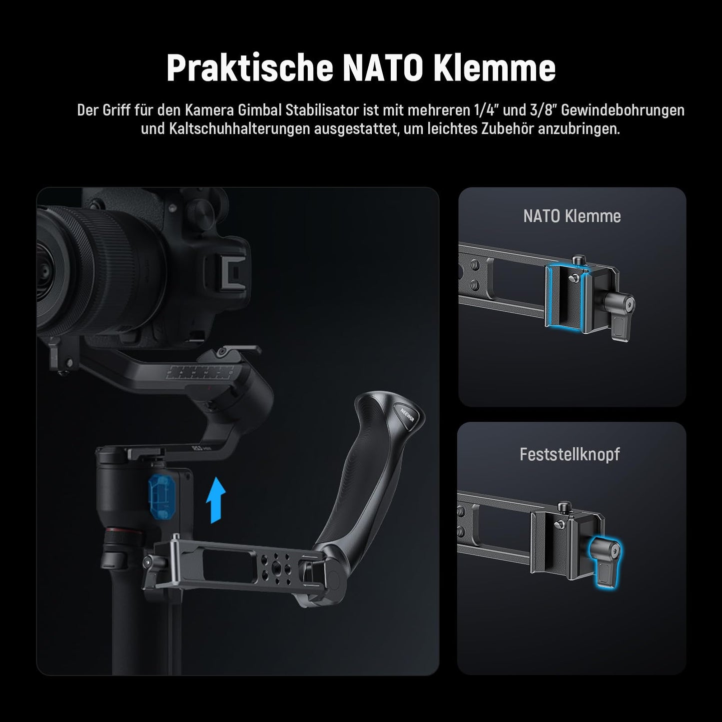 NEEWER Basic Adjustable Gimbal Grip Sling Handle Compatible with DJI Ronin RS4Mini RS4 RS4Pro RS3 Mini RS 3 Pro RS2 RSC 2 Stabilizers, Ergonomic Handle for Accessory Expansion, CA143