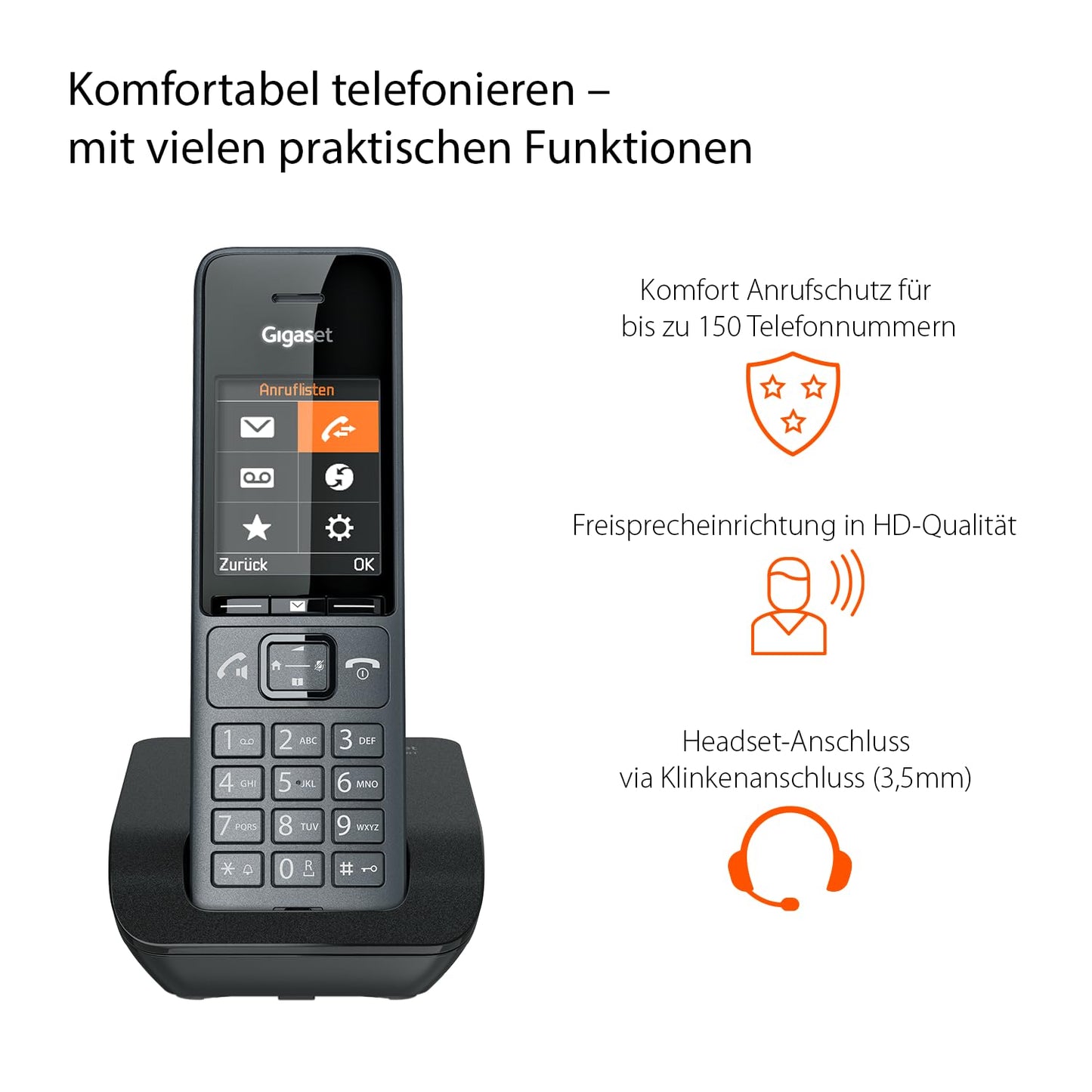 Gigaset Comfort 520 - Cordless DECT telephone - Elegant design, brilliant audio quality even during hands-free calling, comfort call protection, address book with 200 contacts, titanium black [German version] - S30852-H3005-B103