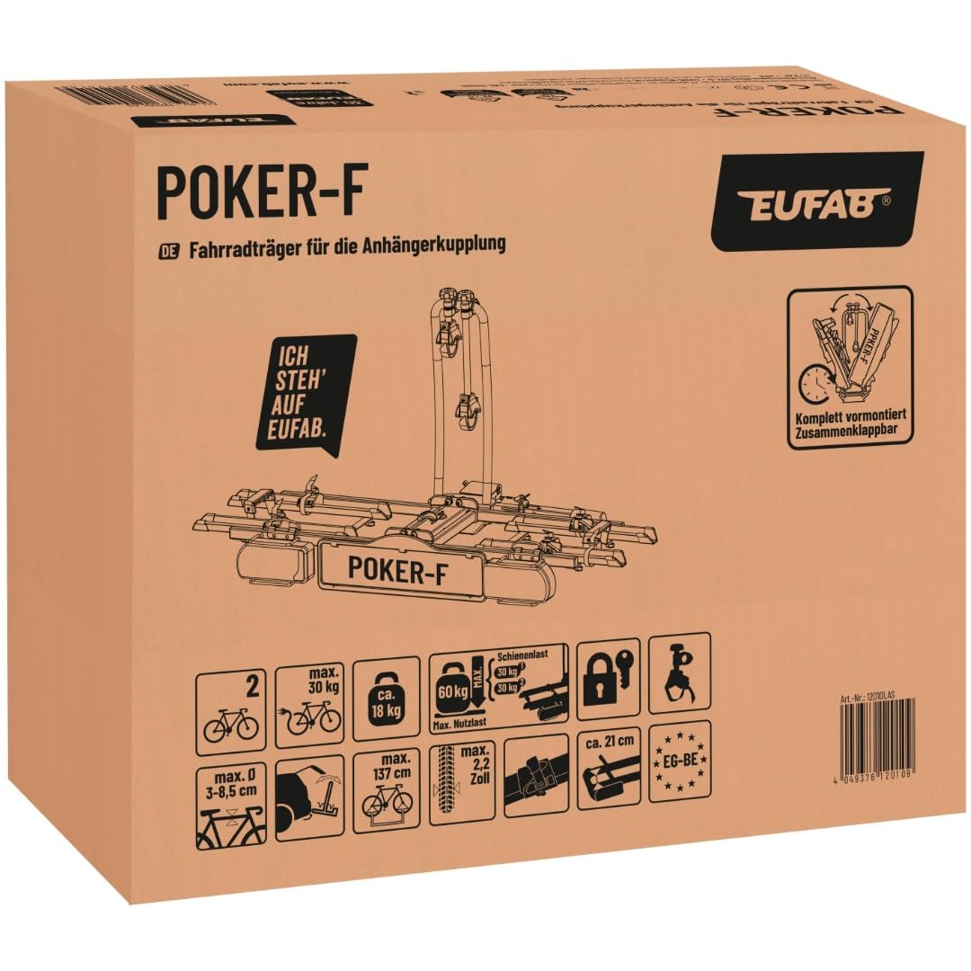 EUFAB 12010LAS bicycle carrier POKER-F, suitable for e-bikes, completely pre-assembled, anti-theft protection, for 2 bicycles, for trailer hitch, black, 142 x 70 x 58 cm
