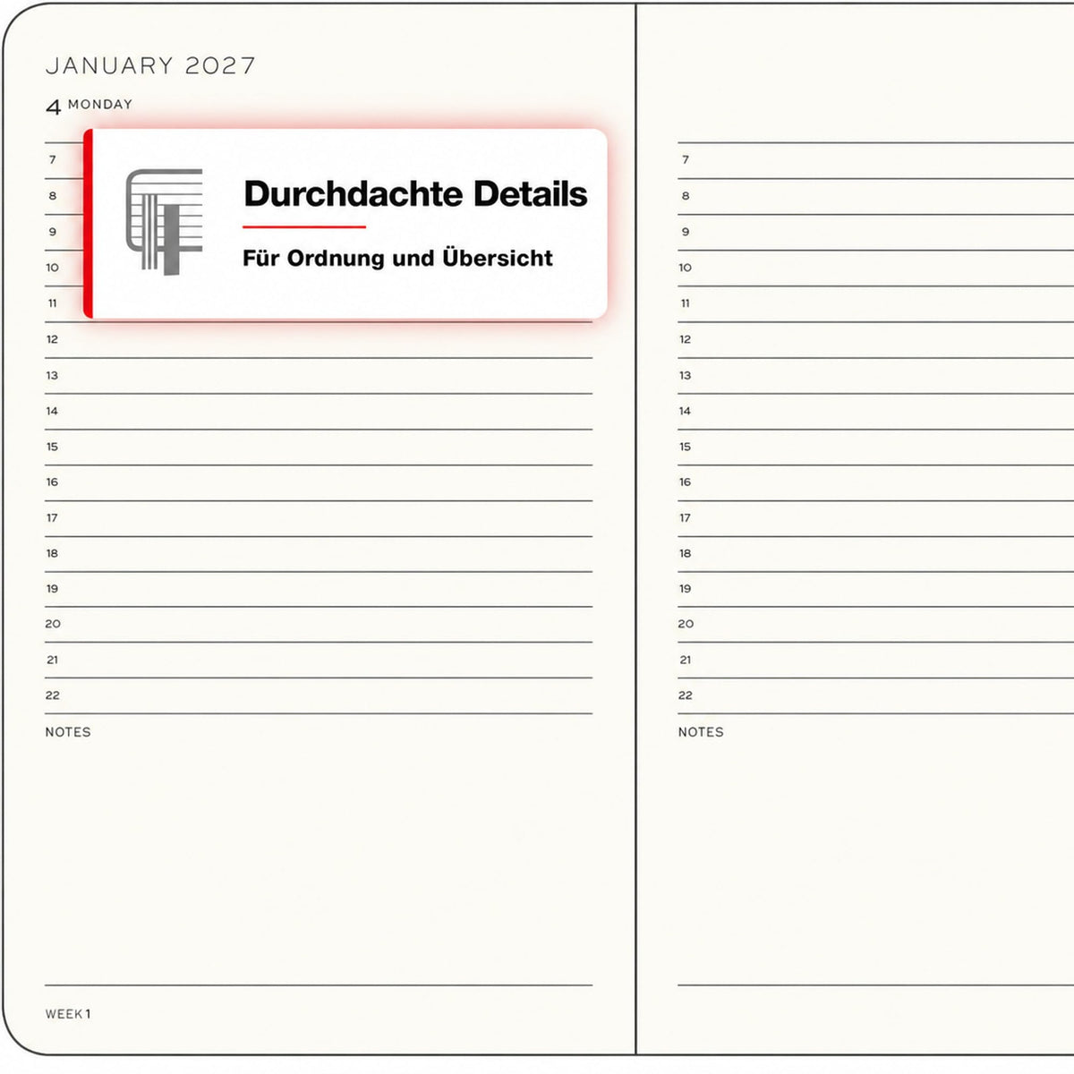 LEUCHTTURM1917 Daily Calendar 2027 Pocket (A6) - English, Cherry, 90 x 150 mm, January-December (12 months), 1 page per day, hourly grid 7:00-22:00, hardcover, 80 g/m² paper - 400332