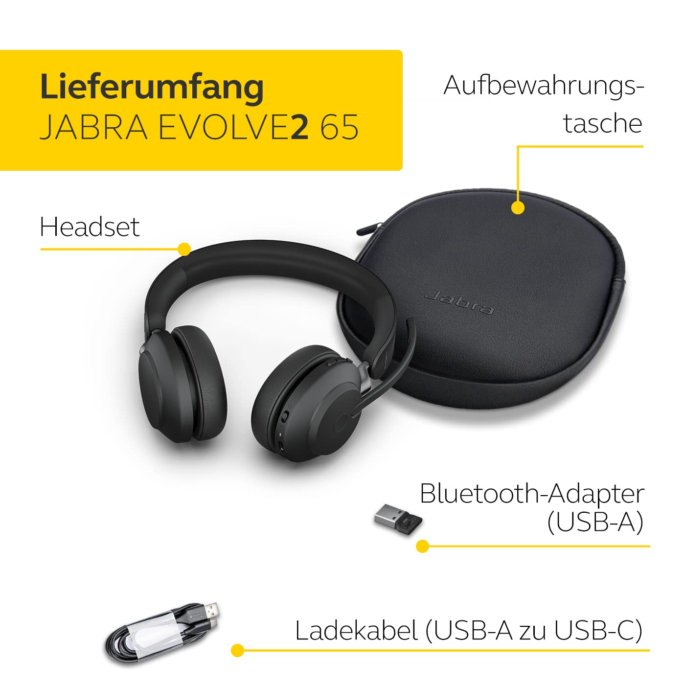 Jabra Evolve2 65 Wireless Headset - Noise Canceling Microsoft Teams Certified Stereo Headphones with Long Battery Life - USB-A Bluetooth Adapter - Black - 26599-999-999