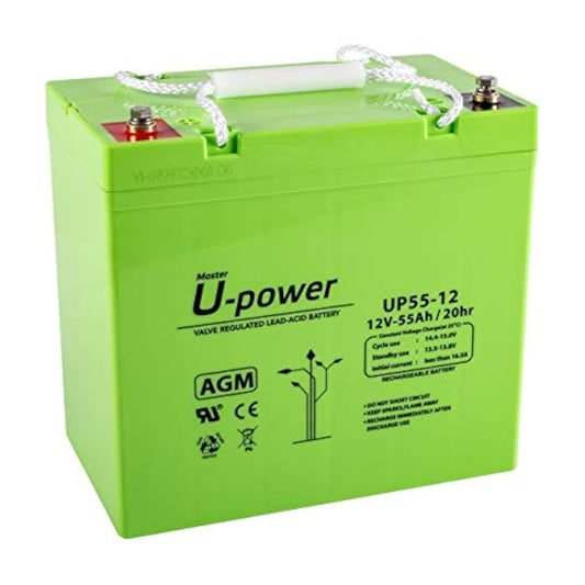 U-Power AGM battery 12V 55Ah, VRLA lead battery maintenance-free, rechargeable, screw connection M6, for UPS/UPS, alarm systems, solar systems & security