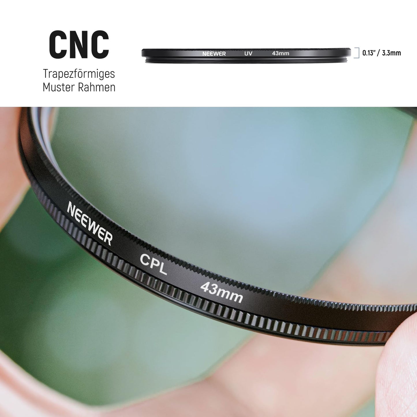 NEEWER 43mm lens filter set: UV, CPL, FLD, ND2, ND4, ND8, lens hood and lens cap compatible with Canon Nikon Sony Panasonic DSLR cameras with 43mm lens - 10103888