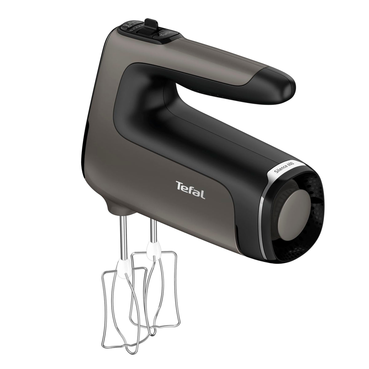 Tefal Power Mix Silence Mixer de mână, 600 Watt, regulator de viteză variabil, funcție Turbo și de ejectare, motor extrem de silențios, aparat de amestecat inclusiv 2 teluri și 2 cârlige de frământat, gri, HT650E38