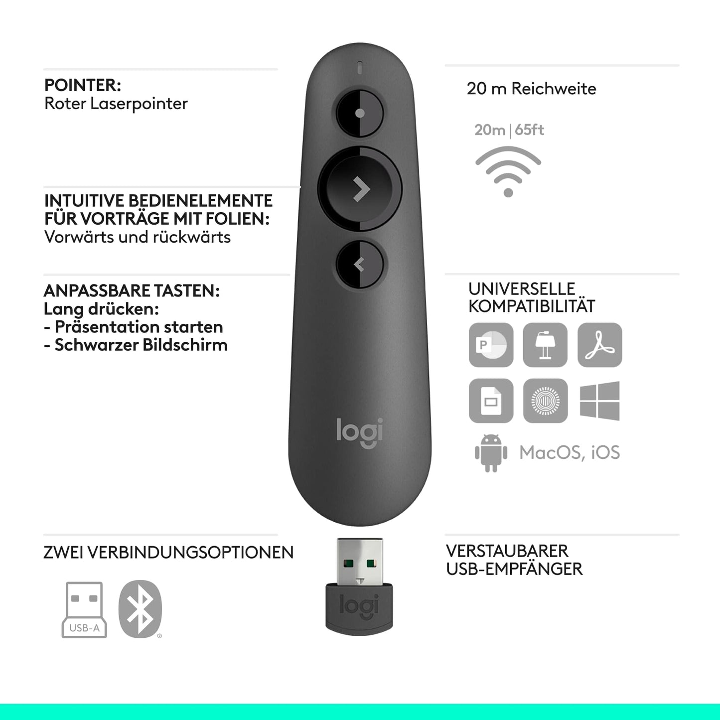 Logitech R500s Presenter mit Laser Klasse 1 für Bluetooth und USB - 910-005843