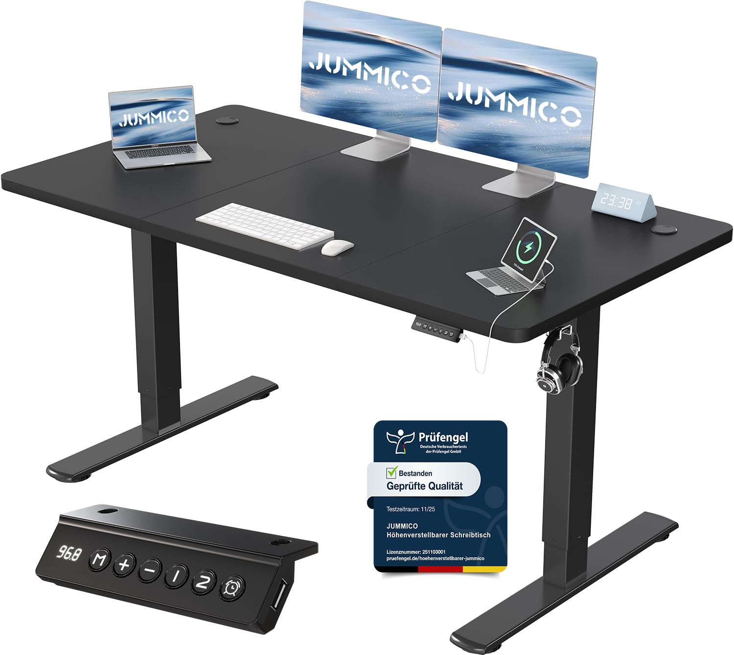 JUMMICO Birou reglabil pe înălțime cu port de încărcare USB, birou reglabil electric 140 x 60 cm, masă stand-sit, birou standing, masă computer reglabilă, birou standing, negru - 0403