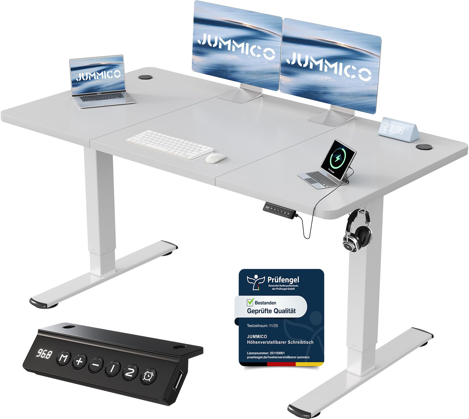 JUMMICO Birou reglabil pe înălțime cu port de încărcare USB, birou reglabil electric 140 x 60 cm, masă de lucru stând-așezat, birou ergonomic, masă de calculator reglabilă, birou în picioare, gri - 0403