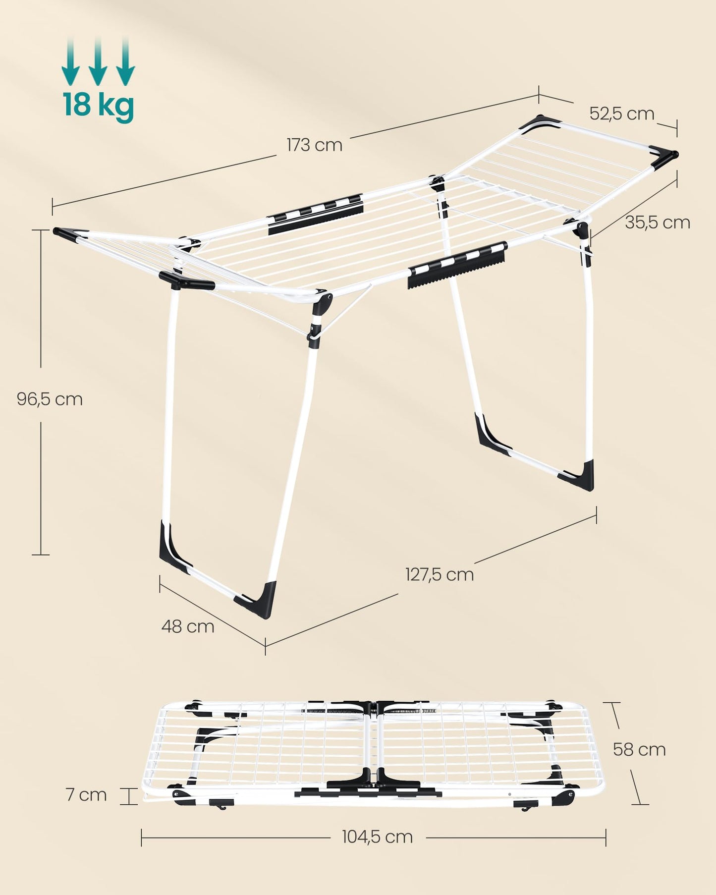 SONGMICS Wäscheständer, Standtrockner 52,5 x 173 x 96,5 cm, Flügelwäscheständer, Flügelwäschetrockner platzsparend, mit Sockenhalter, Metall, für Kleidung, Handtücher, Wäsche, weiß LLR518W01