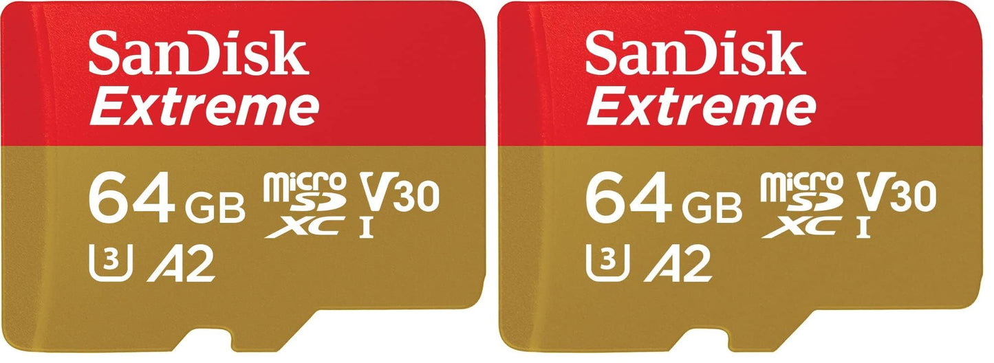 SanDisk Extreme microSDXC UHS-I Memory Card 64GB for Action Cams and Drones + Adapter + RescuePRO Deluxe (up to 170MB/s, A2, Class 10, U3, V30) (Pack of 2) - SDSQXAH-O64G-GN6AA