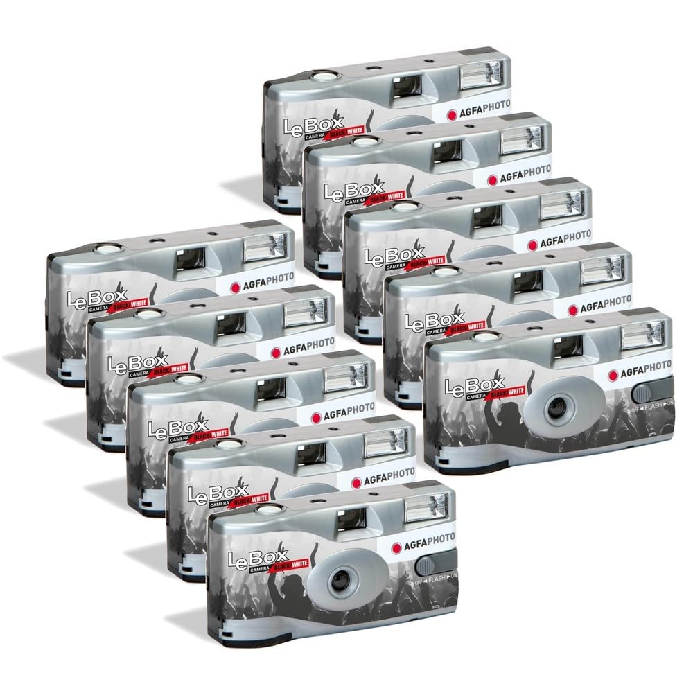AgfaPhoto Disposable Black and White Camera - LeBox Flash Black and White (Pack of 10) - 35mm, 10 x 36 photos, APX film ISO 400, 31mm lens, fixed focus and built-in flash - Gray - 3760265545476