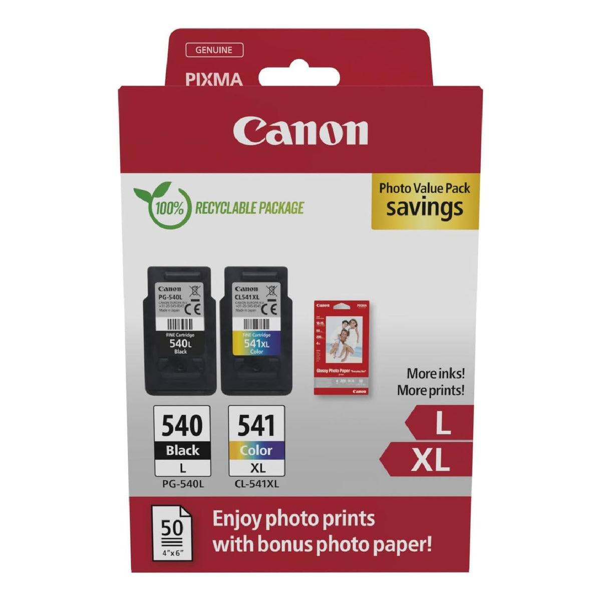 Canon PG-540XL + CL-541XL FINE Original XL Ink Cartridges + Photo Paper - 5224B012