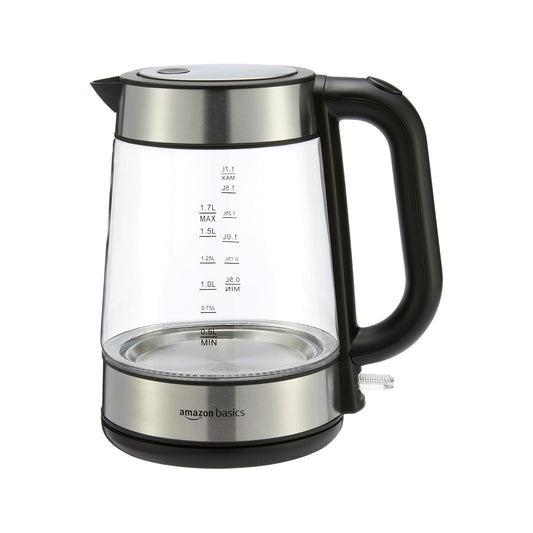 Amazon Basics 1.7L 2200W Fierbător Electric din Sticlă Negru Argintiu - F-625GS