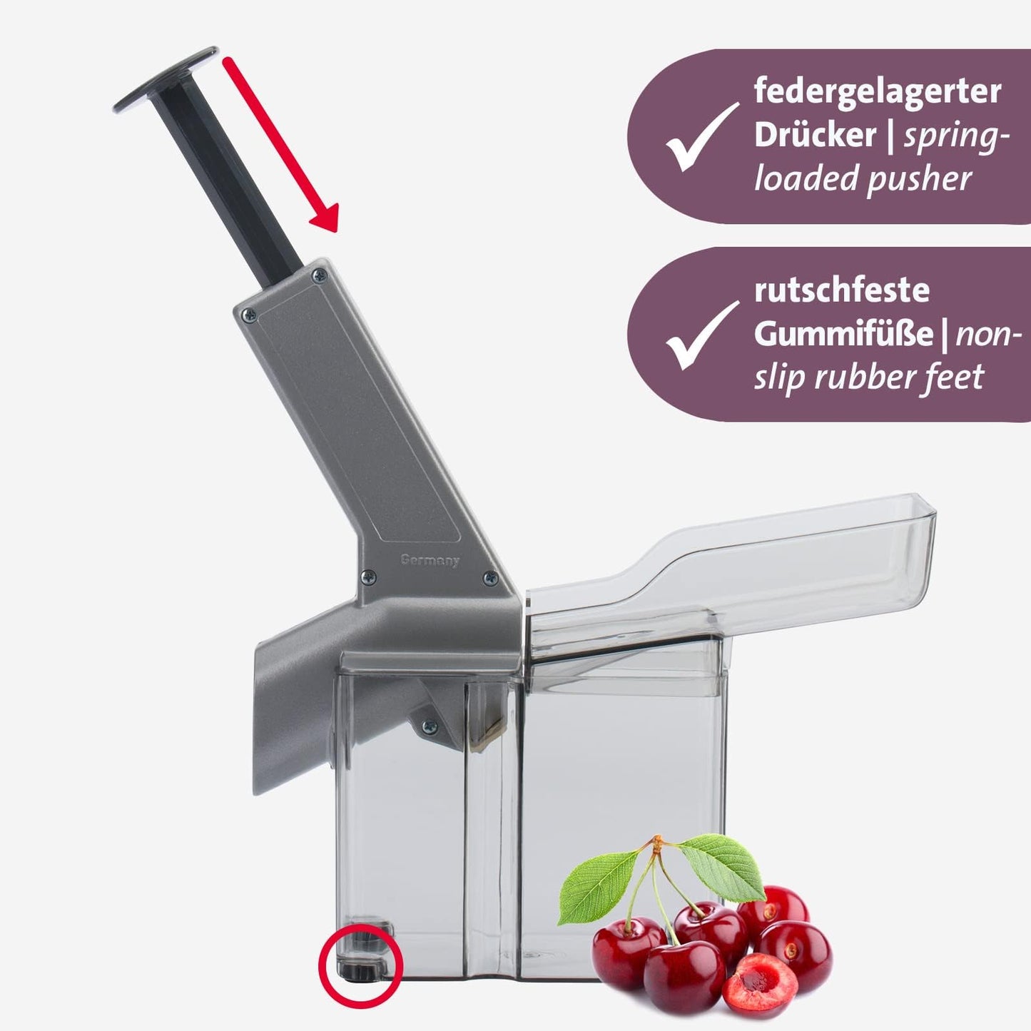 Westmark cherry stoner/stoner with inclined chute and large core cassette, plastic/stainless steel/aluminium, Kirschomat, silver/black/transparent, 40702260