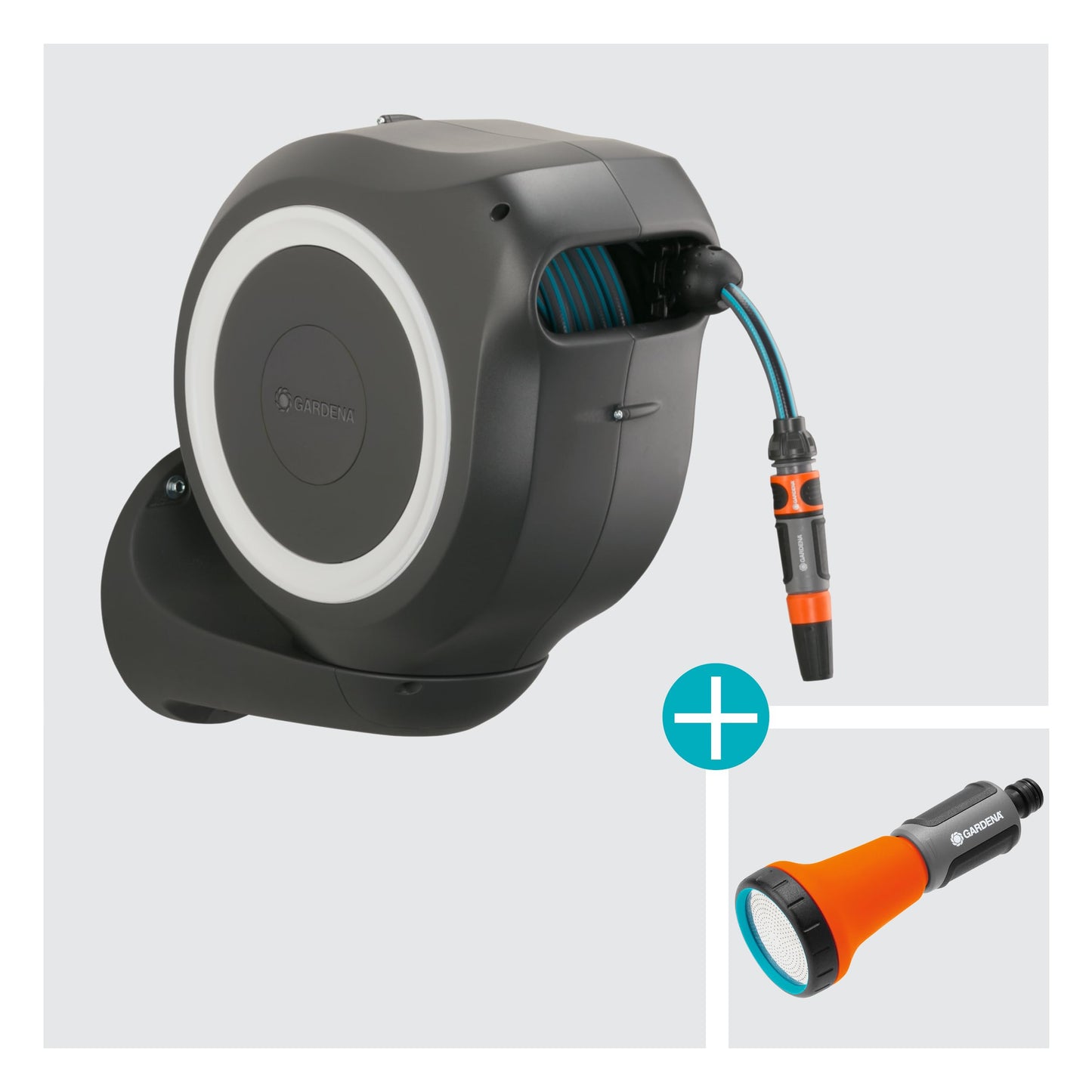 Gardena wall hose box RollUp M 20 m: Flexible irrigation for medium-sized gardens, swiveling hose reel, with wall bracket, system parts and syringe incl. 20 m Gardena hose (18612-60)