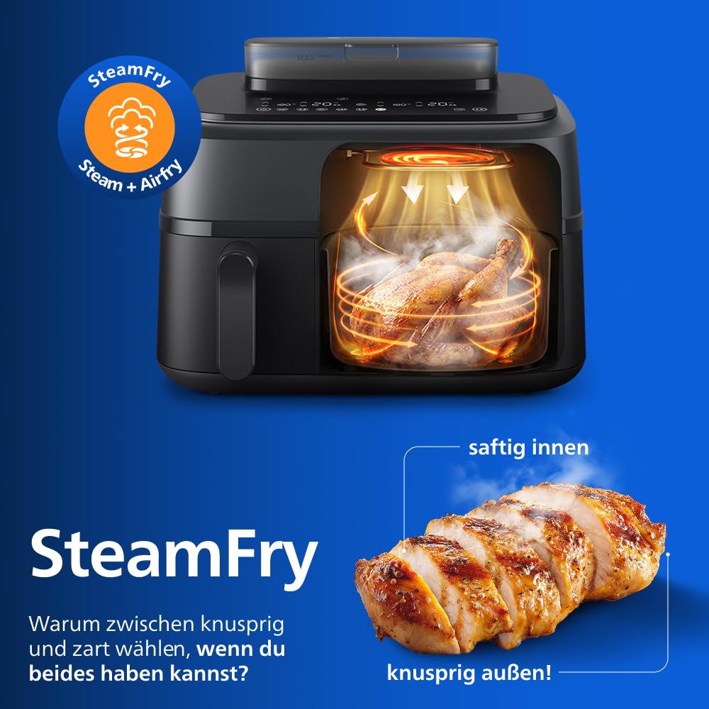 Philips Steam Airfryer 5000 Series Dual Basket Hot Air Fryer with Steam Function & 2 Baskets - Steam, Airfry, SteamFry, 9L (3L+6L), RapidAir Plus, Automatic Steam Cleaning (NA550/00)