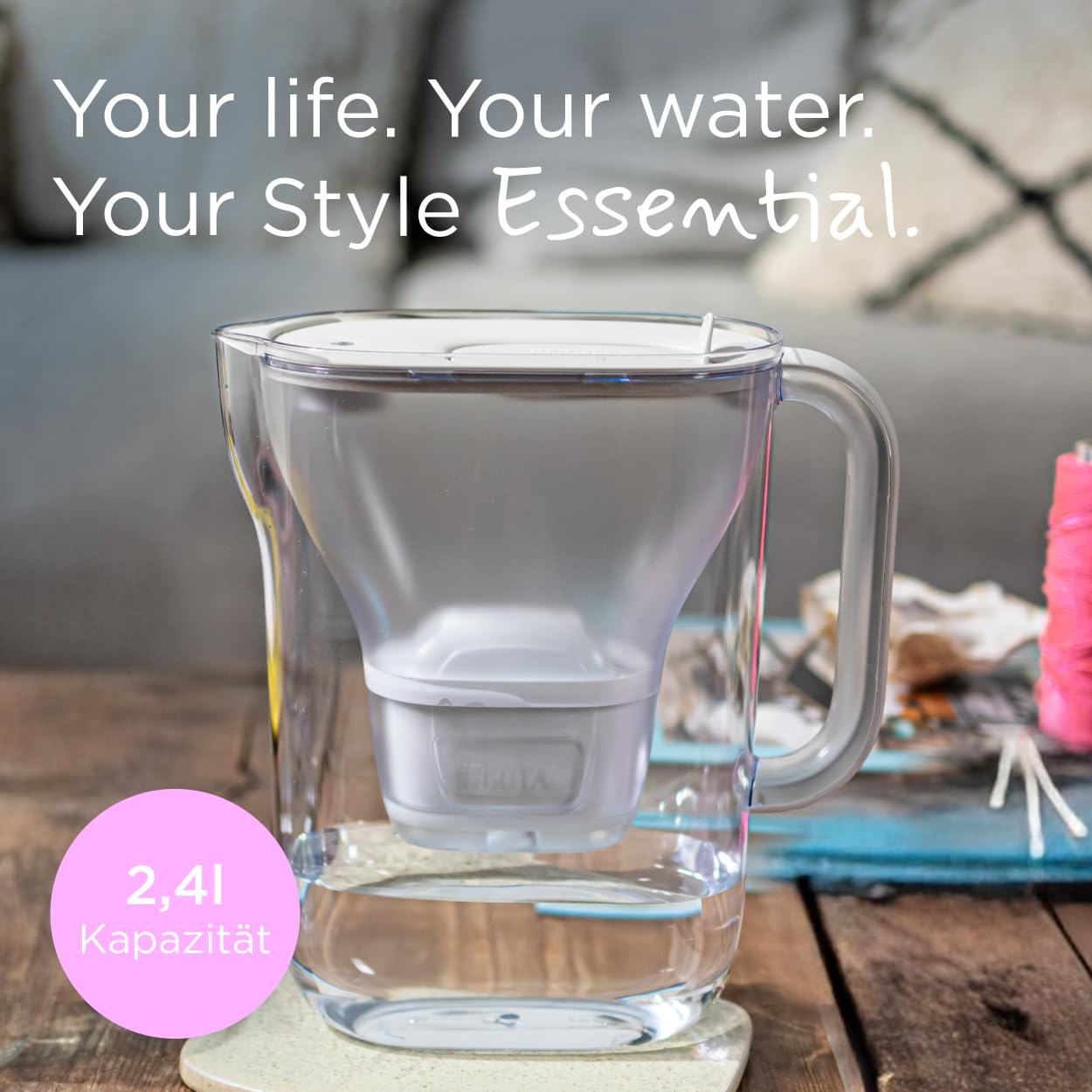 BRITA water filter jug Style Essential white (2.4l) incl. 2x BRITA MAXTRA PRO extra limescale protection - refrigerator-suitable filter jug with Smart Light LED & folding lid, filters impurities & more - 142384