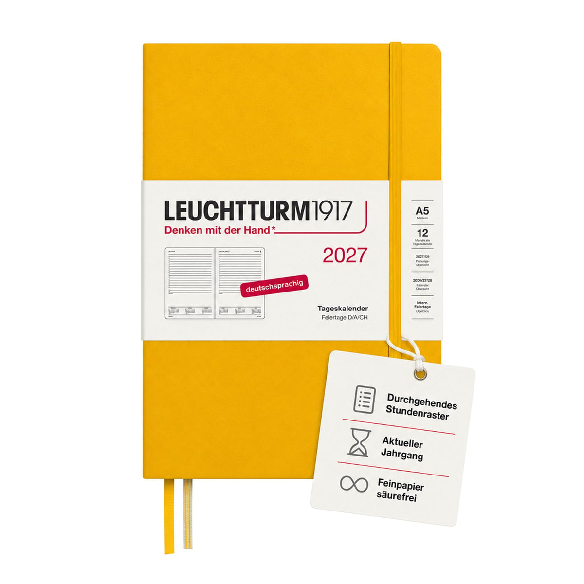 LEUCHTTURM1917 Daily Calendar 2027 Medium (A5) - German, Sunflower, 145 x 210 mm, January-December (12 months), 1 page per day, hourly grid 7:00 a.m. - 10:00 p.m., hardcover, 80 g/m² paper - 400160