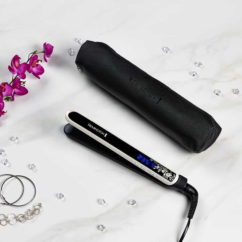 Remington Straightener [Test Winner] Pearl (high-quality ceramic coating with real pearls for even heat distribution) LCD display, 150-235°C, including storage bag, hair straightener S9501