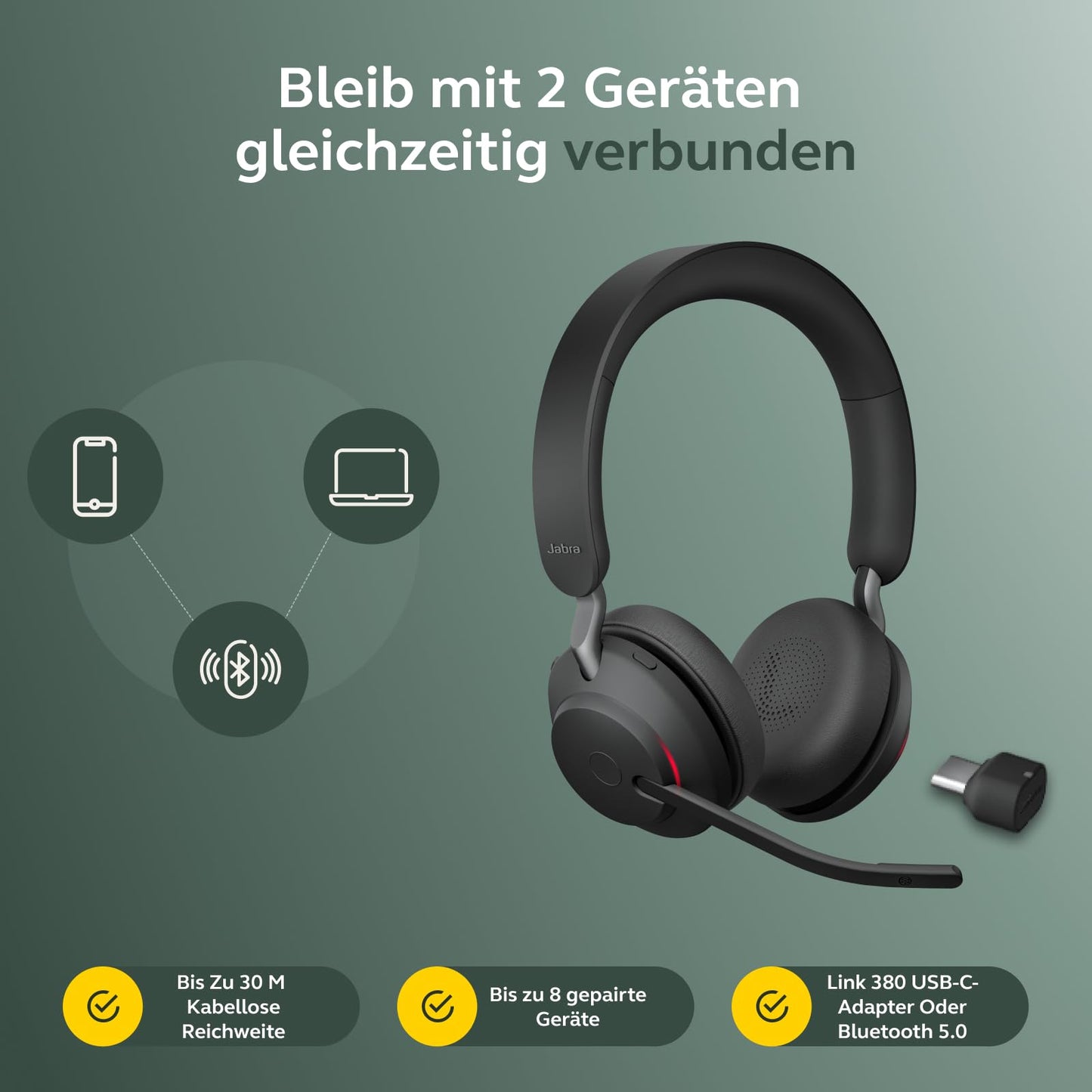Jabra Evolve2 65 Wireless PC Headset with Charging Dock - Noise Canceling Microsoft Teams Certified Stereo Headphones with Long-Lasting Battery - USB-C Bluetooth Adapter - Black - 26599-999-889