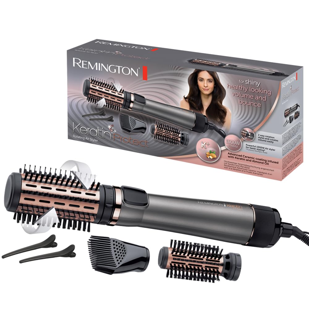 Remington hot air brush rotating [automatic] Keratin Protect (incl. 3 attachments: 2 round brushes + hairline booster for more volume) + hair clips, ceramic coating with almond oil, AS8811, gray