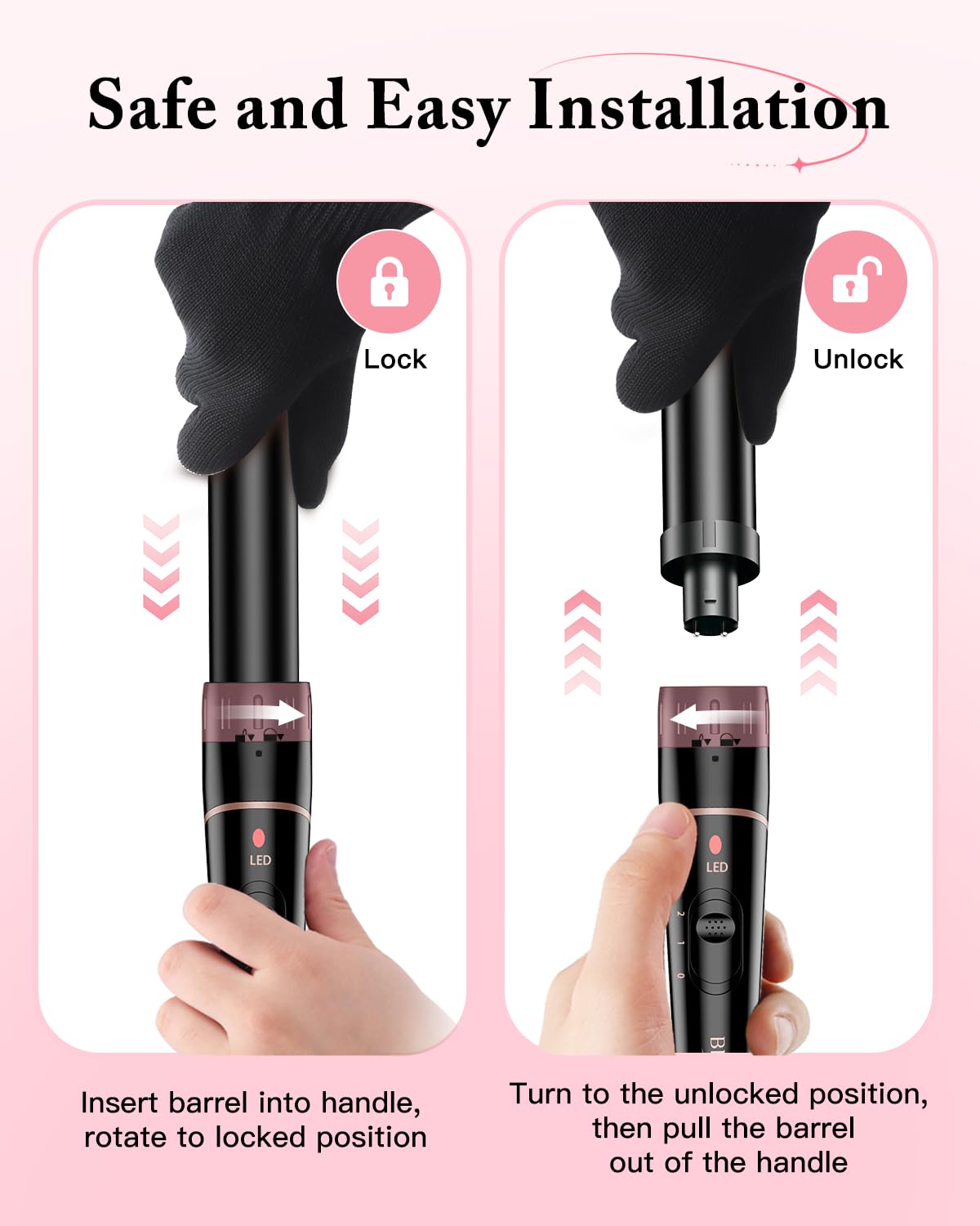 Curling iron large and small curls set - 6 in 1 with different attachments, anti-static ceramic tourmaline coating, wave iron for beach waves - L-F