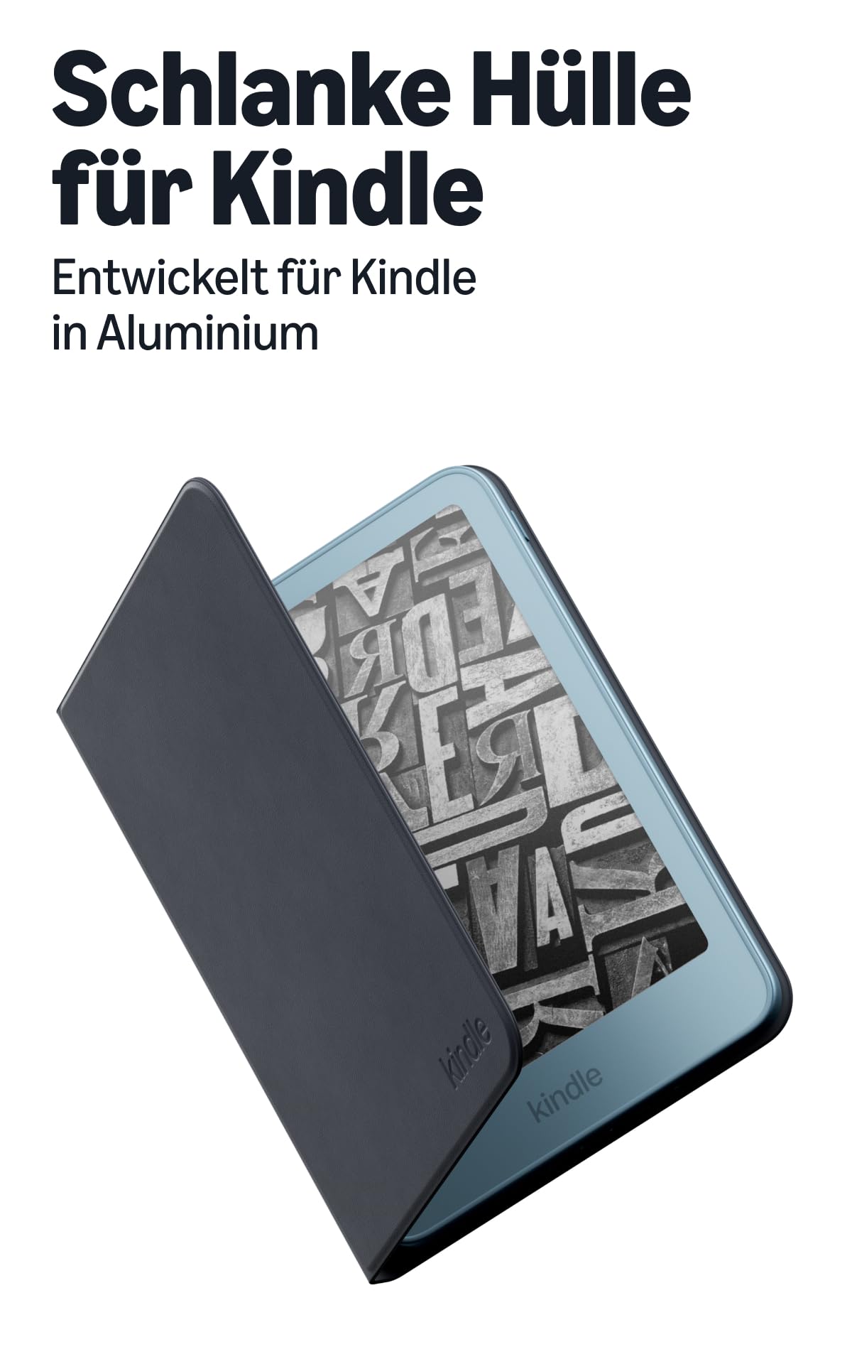 The new slim case for Amazon Kindle in an aluminum design, featuring magnetic attachment, lightweight, foldable protective cover, sustainably designed with plant-based materials. - 53-106803