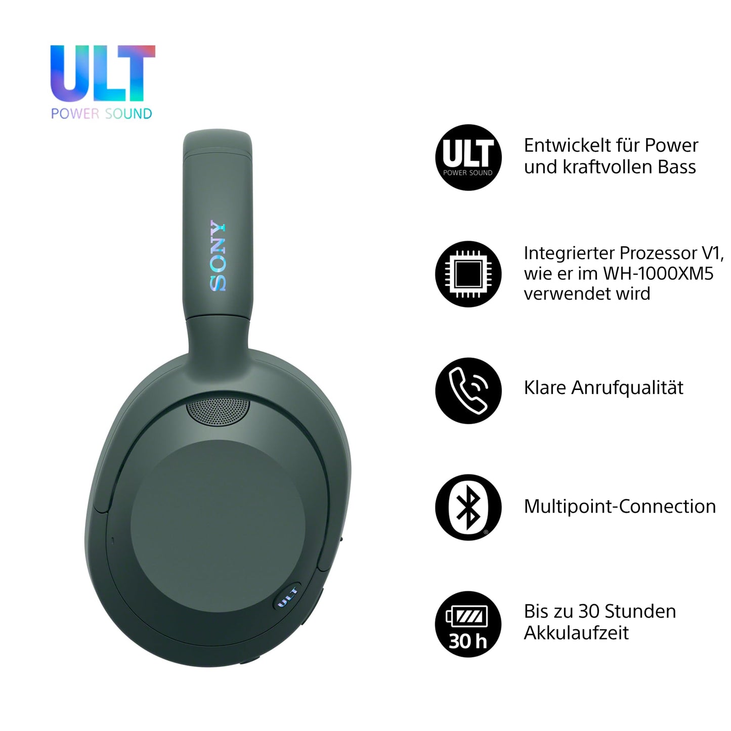 Sony ULT WEAR - Wireless headphones with noise canceling, ULT power sound, ultimate deep bass, same processor as WH-1000XM5, clear calls, 30 hours of battery life, iOS and Android - Forest Gray - WHULT900NH.CE7