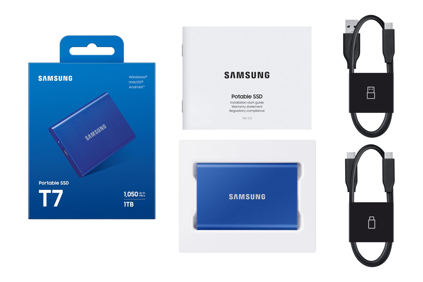 Samsung Portable SSD T7, SSD 1TB, USB 3.2 Gen.2, 1,050 MB/s Read, 1,000 MB/s Write, External SSD Hard Drive for iPhone 15 and Newer, Mac, PC, Smartphone and Game Console, Blue, MU-PC1T0H/WW