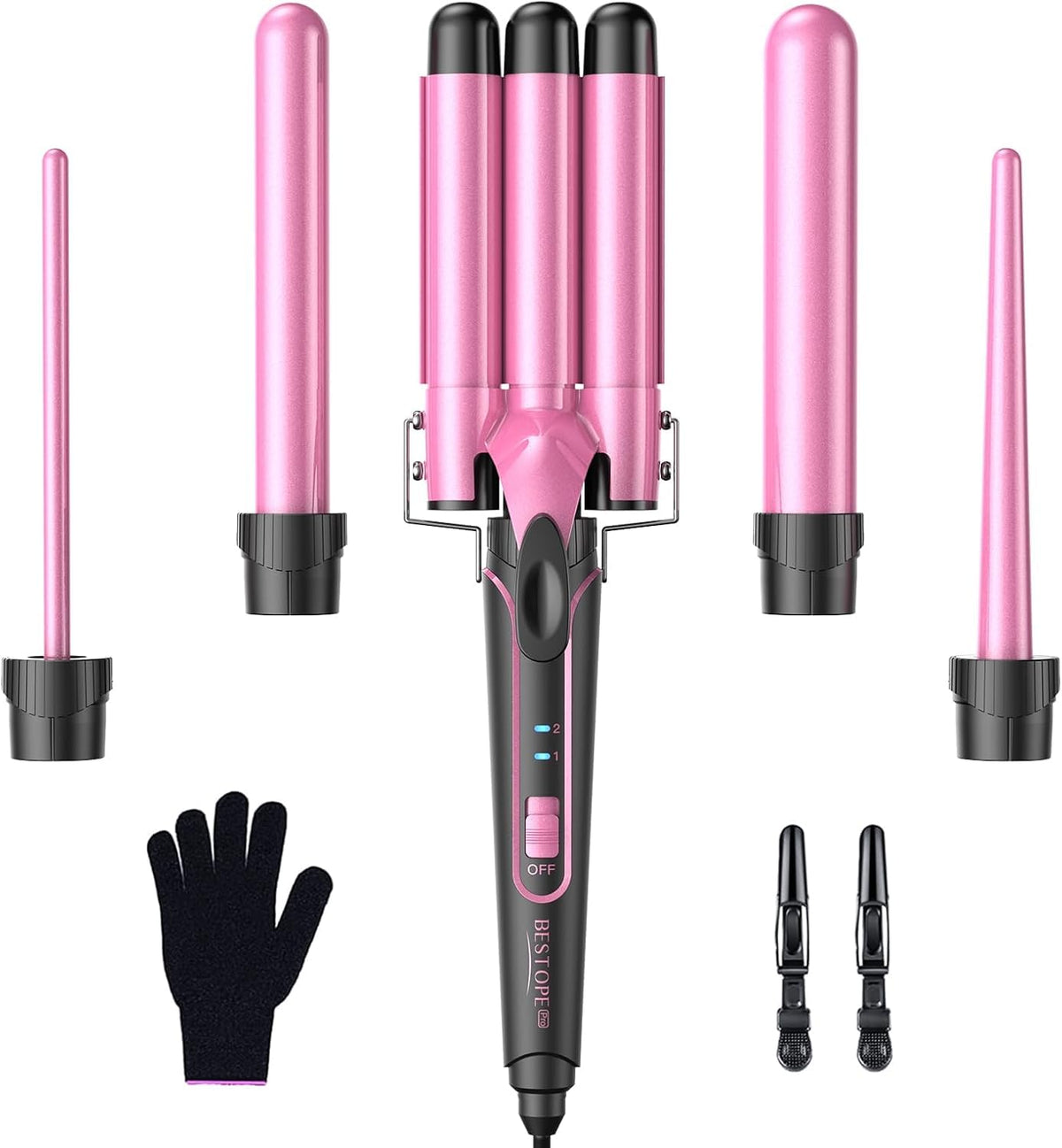 BESTOPE PRO curling iron curling iron 3 barrels wave iron 5 in 1 - curling iron set 3 barrels for large waves, temperature setting, quick heating and a glove, 2 clips, rosé - MD-J18