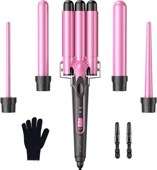 BESTOPE PRO curling iron curling iron 3 barrels wave iron 5 in 1 - curling iron set 3 barrels for large waves, temperature setting, quick heating and a glove, 2 clips, rosé - MD-J18