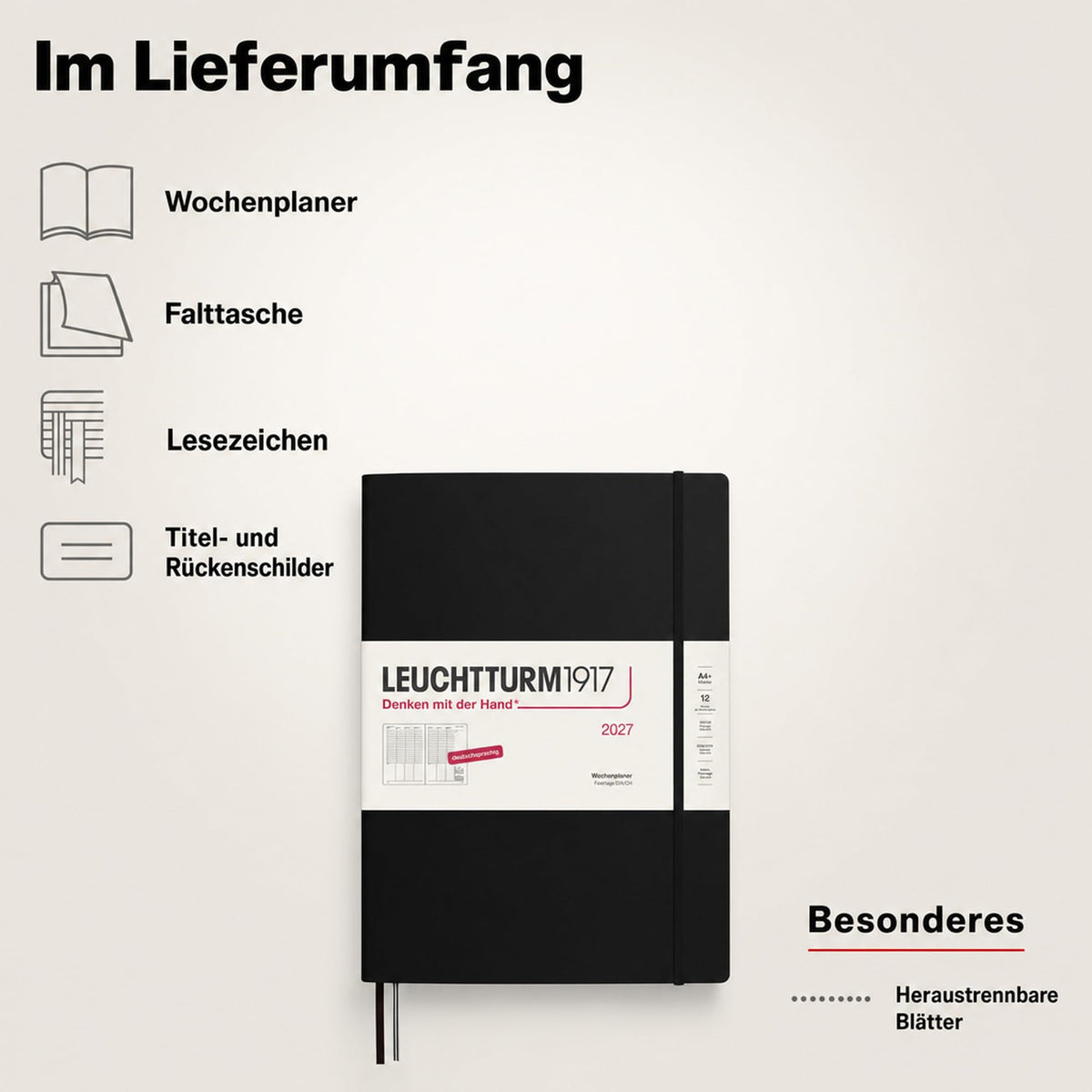 LEUCHTTURM1917 planificator săptămânal 2027 A4+ (Master) - germană, negru, 315 x 225 mm, ianuarie-decembrie (12 luni), prezentare generală săptămânală cu grilă orară 7:00-22:00 per coloană, copertă cartonată, hârtie de 100 g/m² - 400140