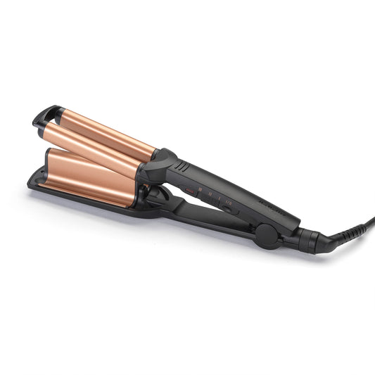 BaByliss Deep Waves Hair Waver – Ceramic coating, 3 temperature settings (160°C-200°C), frizz-free mermaid waves & beach waves, quick heat-up – Black & Gold, W2447E