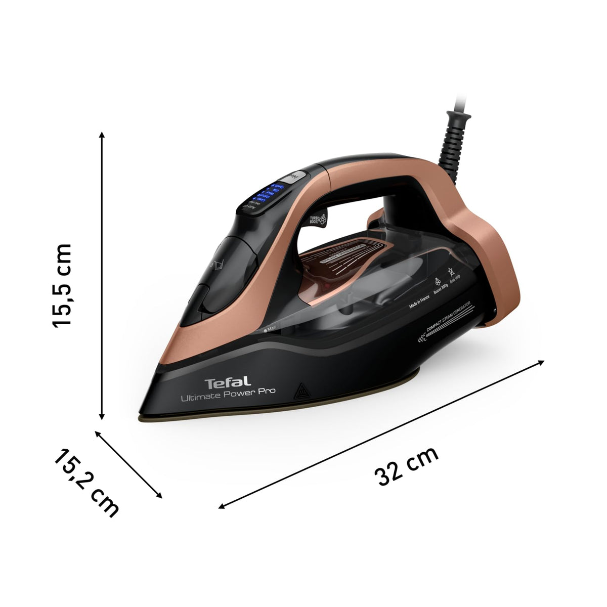Tefal Ultimate Power Pro Fier de călcat cu aburi, tehnologie cu pompă, 3200 W, 85 g/min emisie constantă de aburi, 300 g/min impuls de aburi, filtru Micro Calc, talpă autocurățată, sistem anti-picurare, rezervor de apă de 350 ml, FV9E50E0