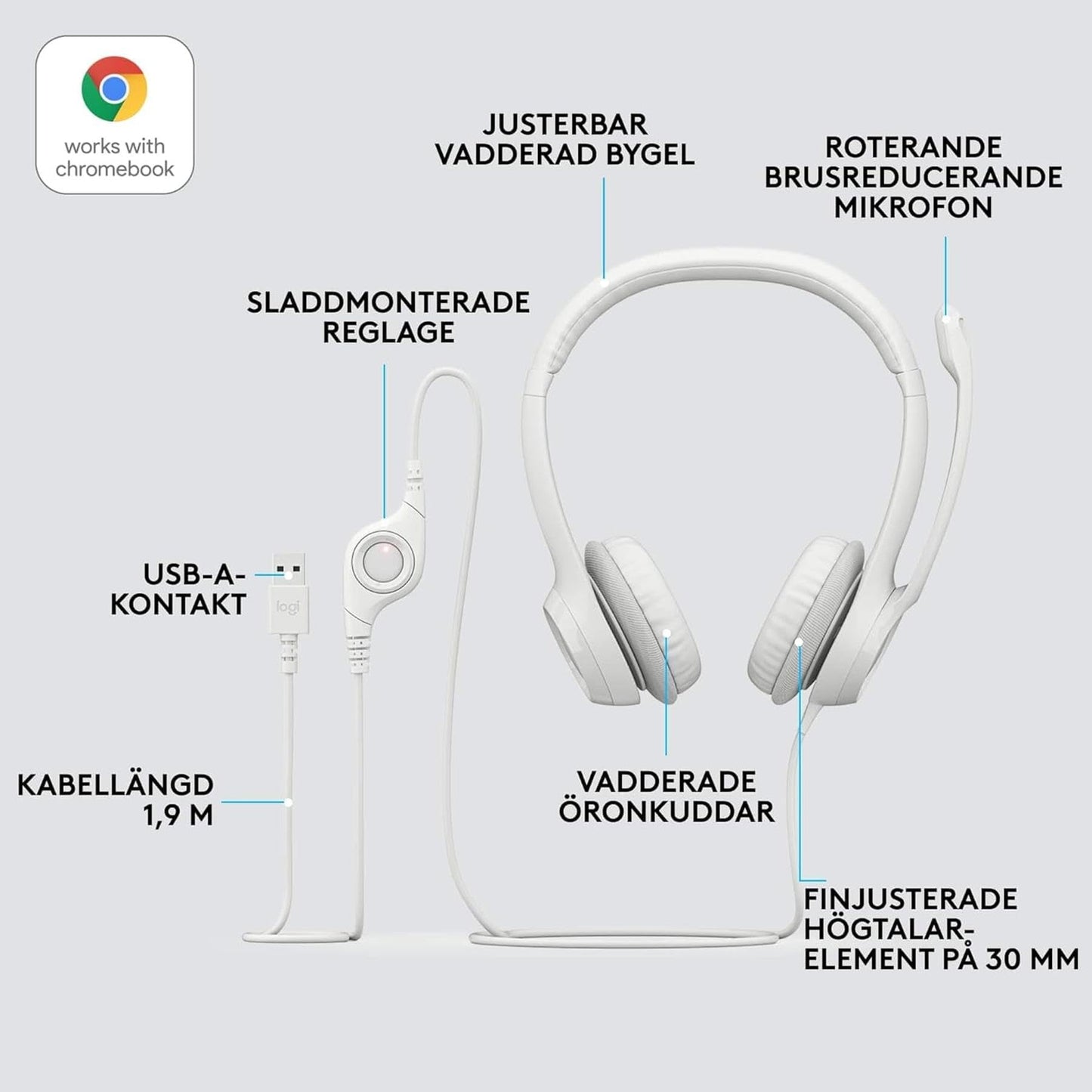 Logitech H390 Wired Headphones for PC/Laptop, Stereo Headphones with USB-A Noise Canceling Microphone, Inline Controls, Chromebook Compatible - White - 981-001286