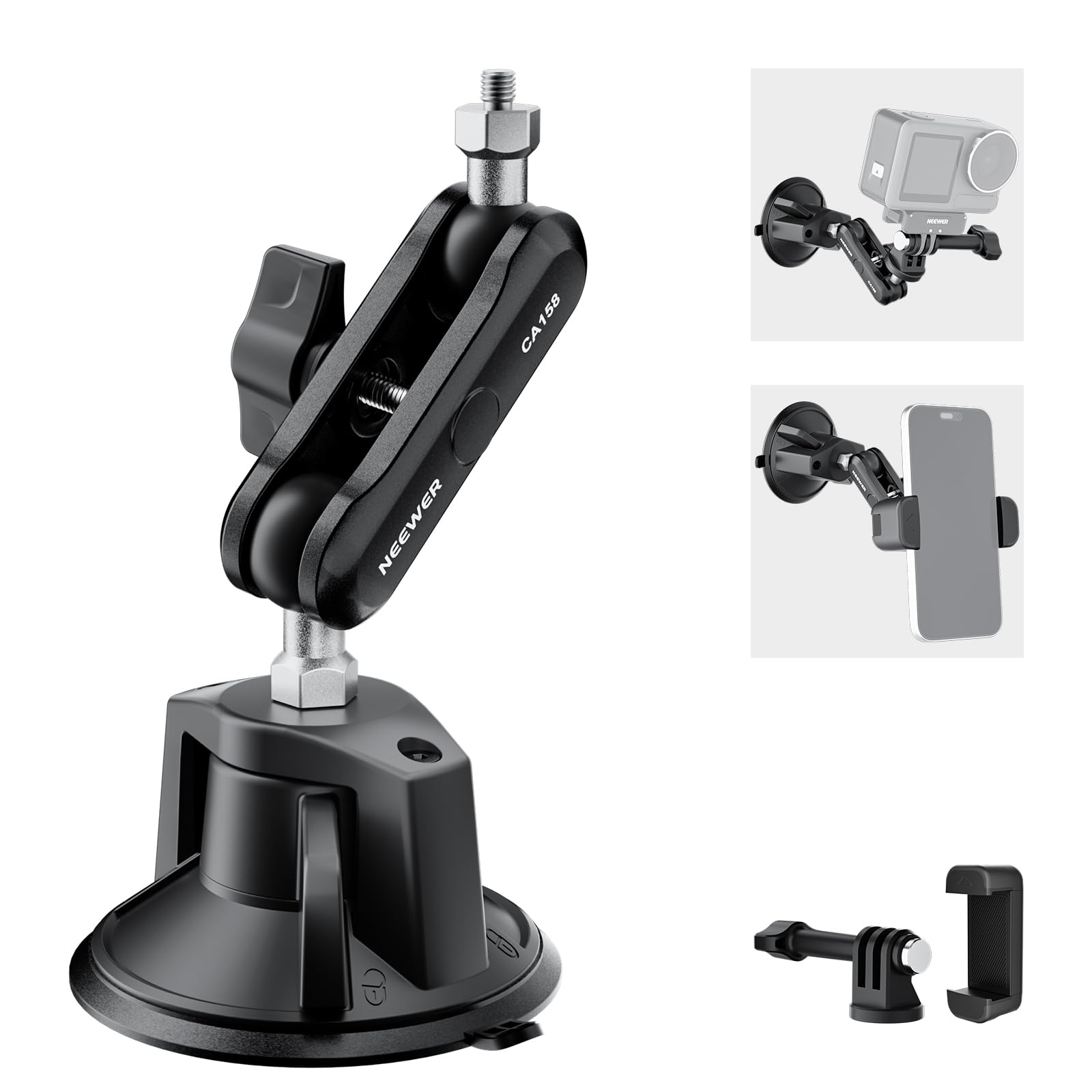 NEEWER suction cup mobile phone holder and camera mount compatible with GoPro DJI Insta360 iPhone, car smartphone mount with action cam adapter, 360° magic arm for POV windscreen vlogging CA158