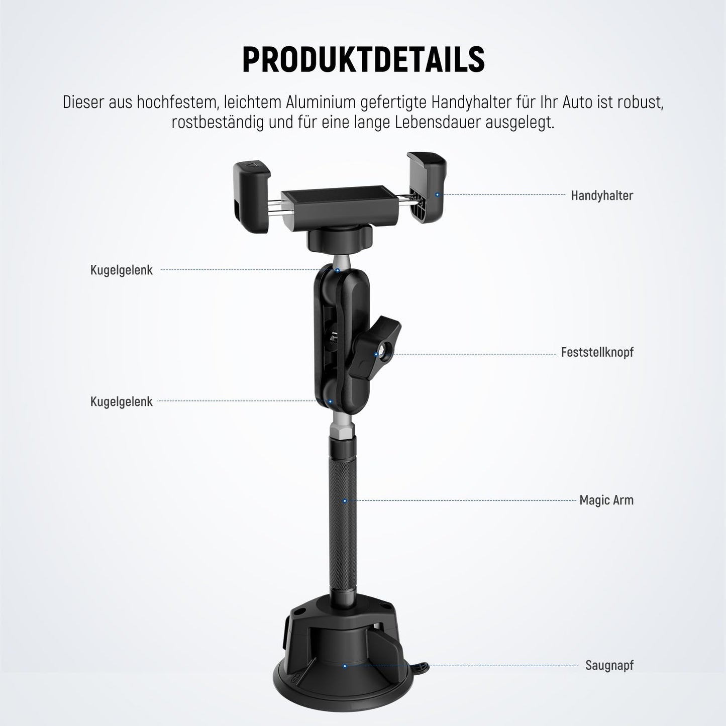 NEEWER Car Mobile Phone Holder 360° Rotating Vacuum Suction Cup Metal Mobile Phone Holder with Extended Magic Arm Compatible with iPhone Samsung, for Windscreen Skylight Glass Navigation Video, PA137