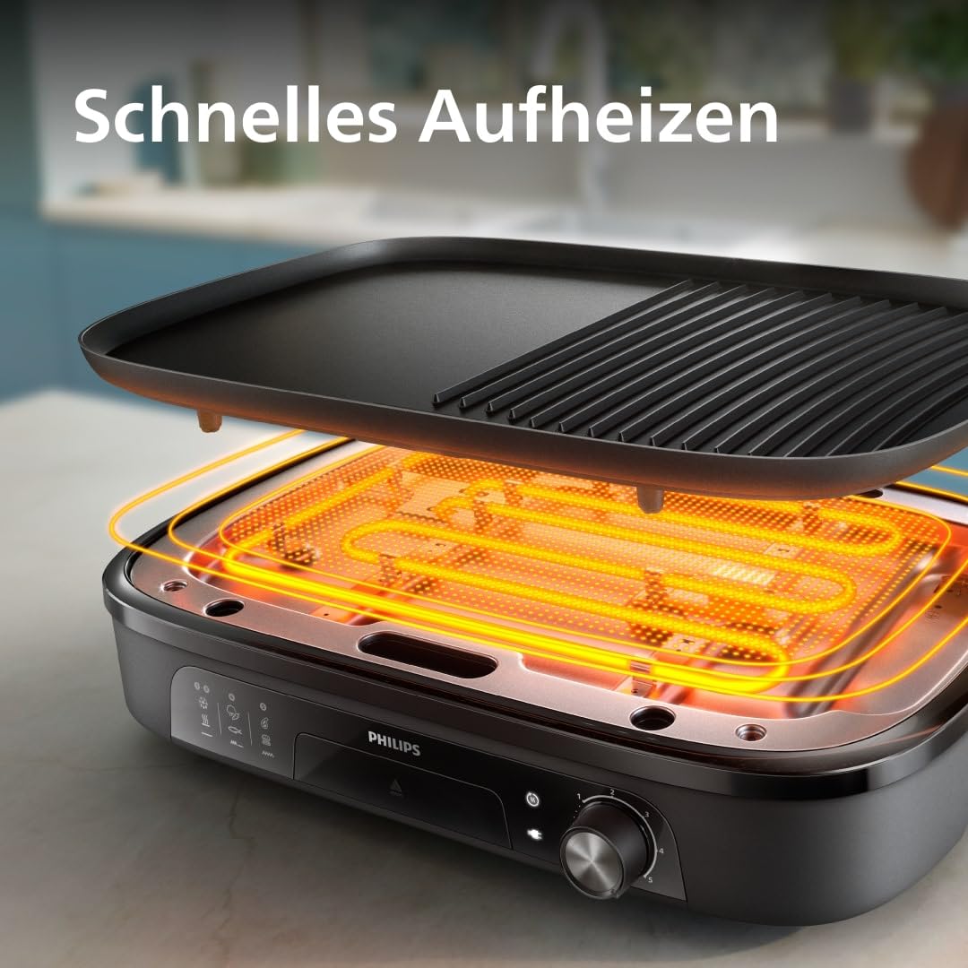 Philips table grill 3000 Series - Large grill surface, 2400 W rapid heating, 5 temperature settings, non-stick coating, easy to clean (HD6210/95) - ‎HD6210/95