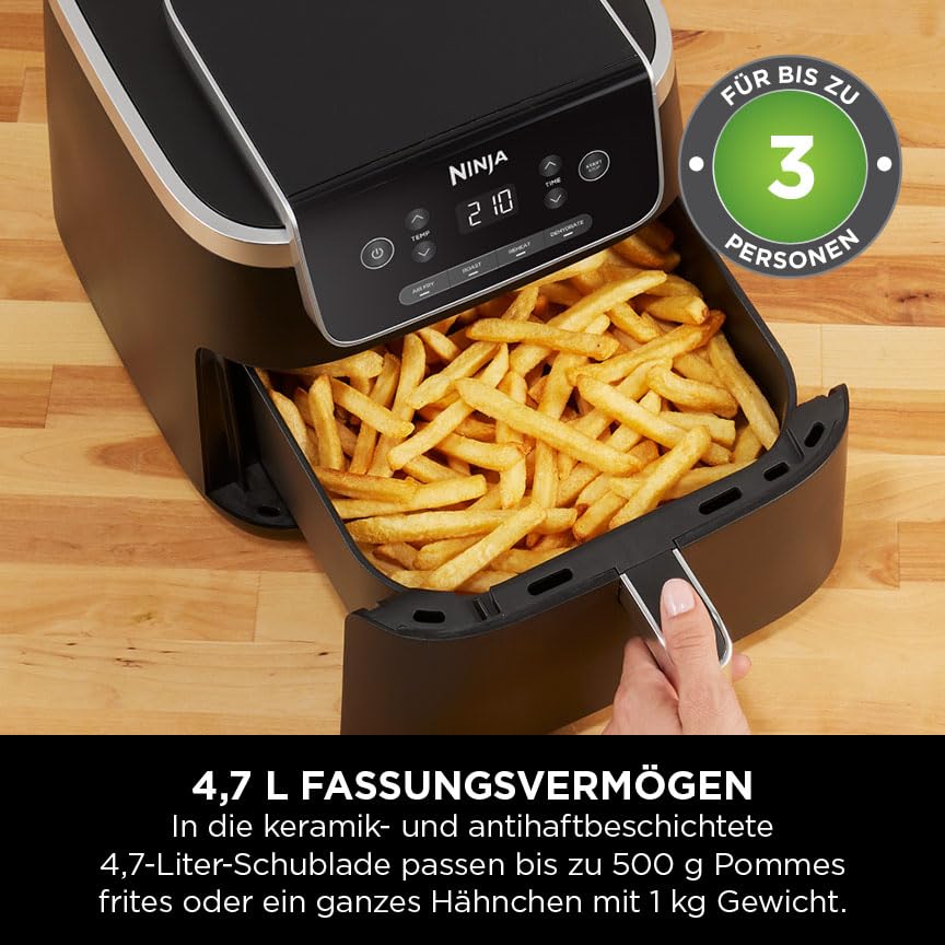 Ninja PRO Air Fryer Heißluftfritteuse, 4,7L Airfryer, Einzelkorb-Heißluftfritteuse, 4-in-1, pentru 1-2 porții, digital, gătire din congelat, sertar antiaderent & coș Crisper, negru AF140EU