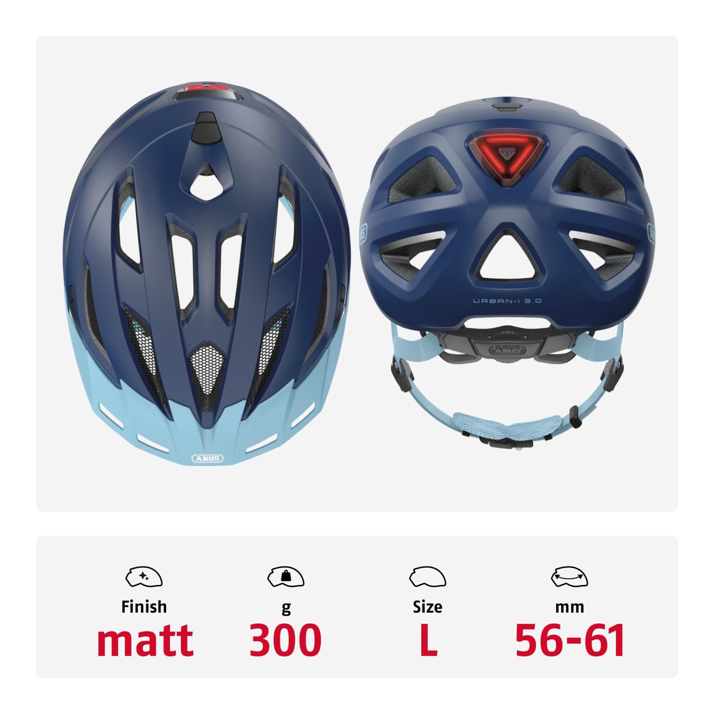 ABUS city helmet Urban-I 3.0 - bicycle helmet with rear light, peak and magnetic fastener - for men and women - blue (core blue), size L - 86880