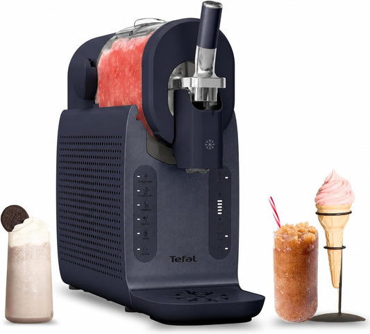 Mașină de înghețată moale și slushy instant Tefal Freezi, incluzând 2 recipiente pentru înghețată, 5 programe automate, program automat de curățare, cilindru de congelare XL, pentru până la 8 porții, deosebit de silențioasă, albastră, IG8024E0