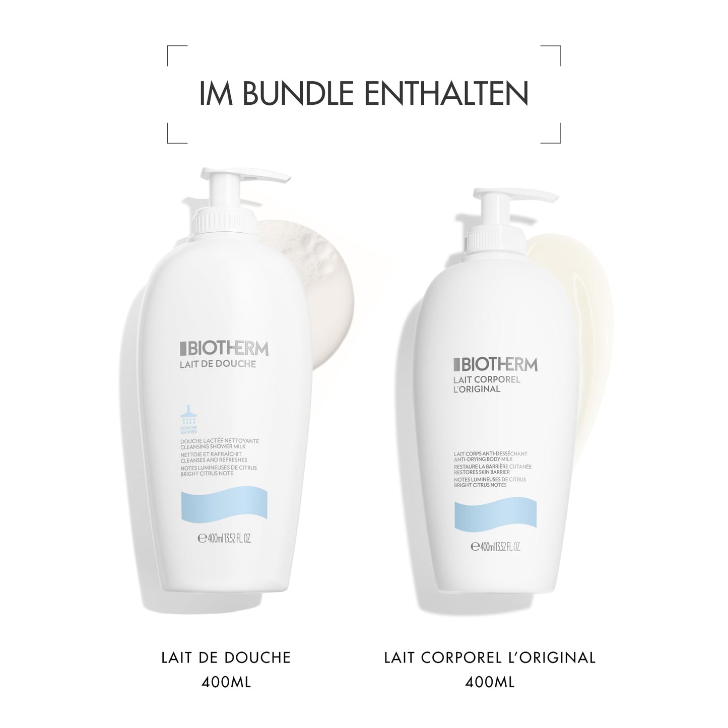 Biotherm care duo with Lait Corporel L'Original body lotion 400 ml & Lait De Douche shower gel 400 ml, moisturizing body care with Life Plankton & citrus scent for supple skin