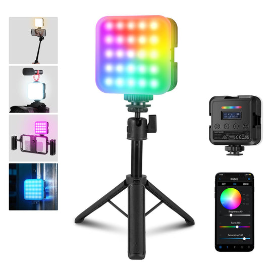 NEEWER Magnetic RGB camera video light, table tripod, 3 cold shoes, APP control CRI97+ 2500-8500K 17 scenes 2000mAh rechargeable photography recording small LED panel lighting RGB62
