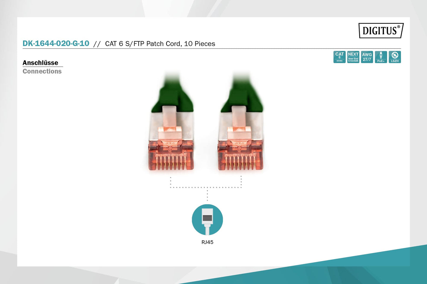 DIGITUS LAN cable Cat 6 – 2 m – 10 pieces – S/FTP shielded – green - DK-1644-020-G-10
