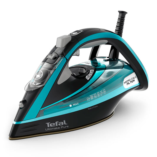 Fier de călcat cu abur Tefal Ultimate Pure, 3200 W, 1.2 kg, filtru Micro-Calc, talpă Durilium Airglide Autoclean, oprire automată, rezervor de apă 0.35 litri, fabricat în Franța, negru/turcoaz, FV9844