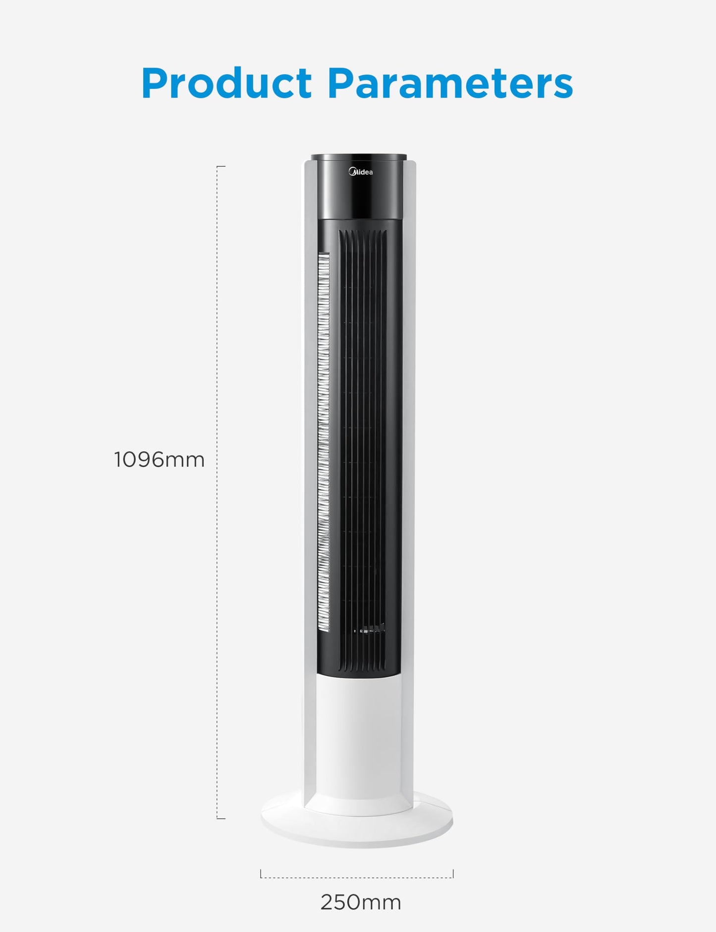 Midea FZ10-19BRA tower fan, robust copper motor, internal air supply, remote control, 7 hour timer, touch and control panel display, three modes and three speeds to choose from