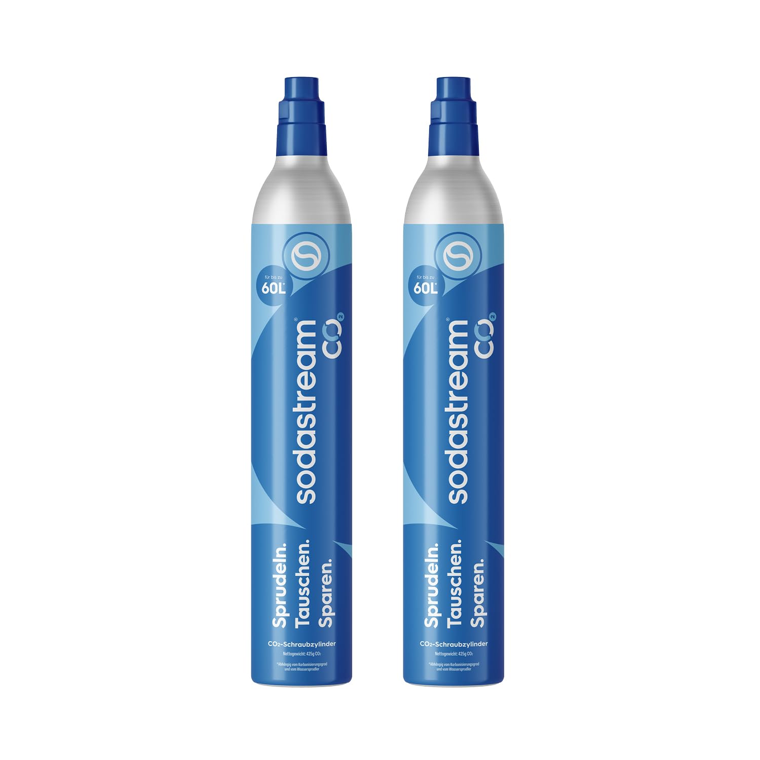 Sodastream - 2 x CO2 Cylinders for Sparkling Water Makers, Blue Screw-In Gas System, Makes 60 Liters of Carbonated Drinks, Compatible with Spirit, Crystal and Genesis, Reduce Plastic Waste - SCREW